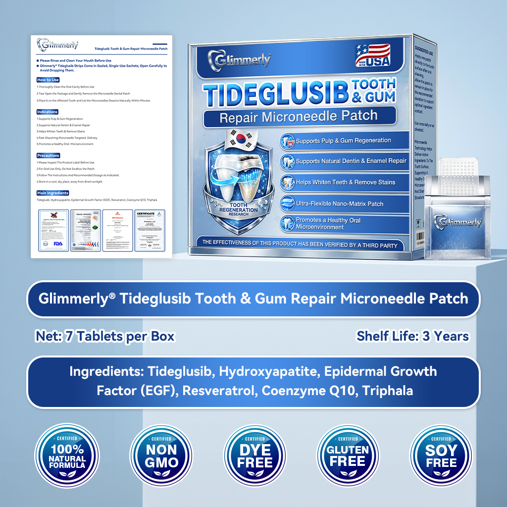 🦷𝐆𝐥𝐢𝐦𝐦𝐞𝐫𝐥𝐲® Tideglusib flaster s mikroiglama za popravak zubi i desni|Napredne trakice za aktivaciju matičnih stanica (obnavljaju caklinu i dentin, jačaju desni, uklanjaju kamenac i neugodne mirise, zaustavljaju osjetljivost zuba)) 3.0