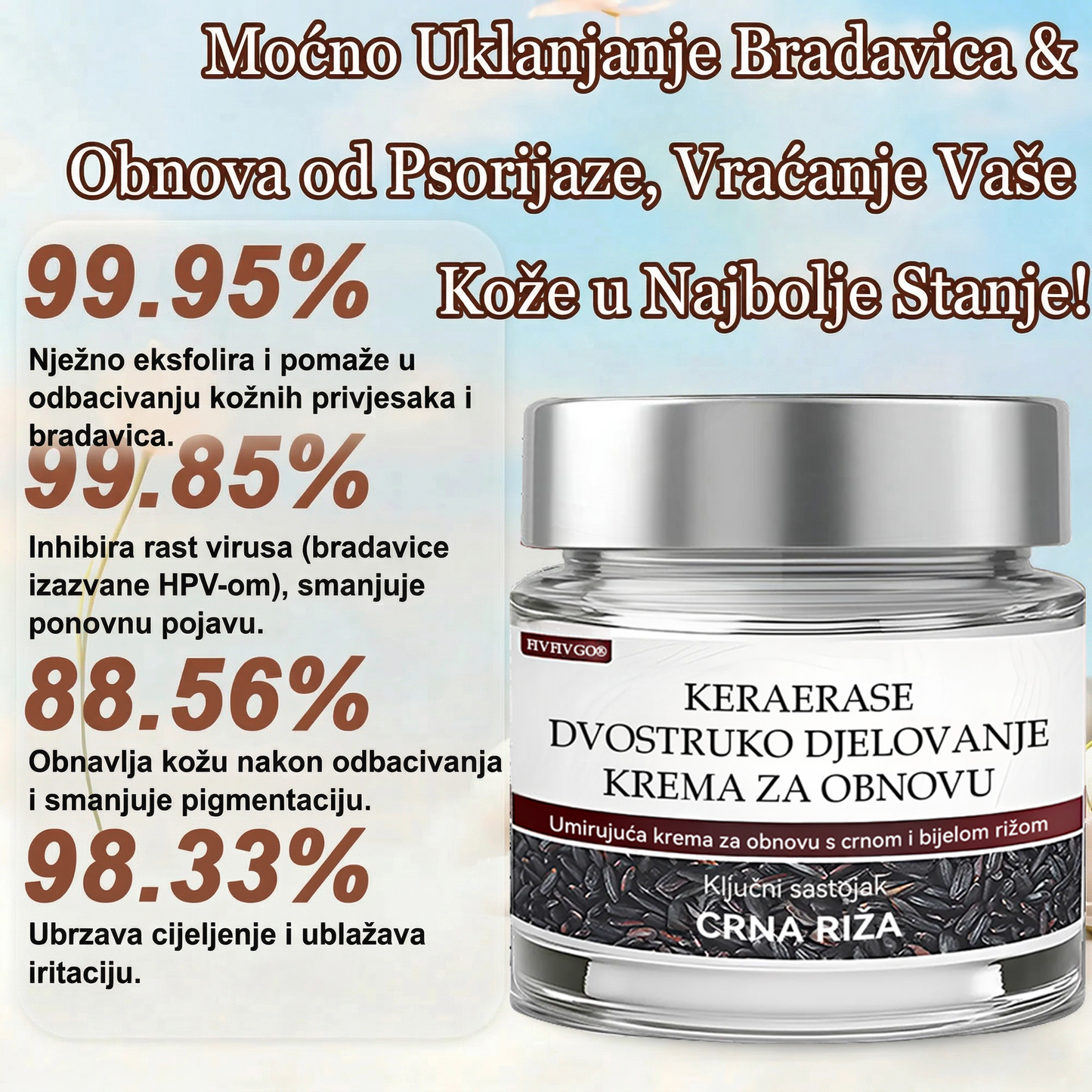 FIVFIVGO® Umirujuća krema za obnovu s crnom i bijelom rižom👨‍⚕️Odobrena od strane HALMED (Uklanjanje bradavica i kožnih izraslina, senilne purpure, angioma trešnje, raka kože i seboroične keratoze.👨‍⚕️